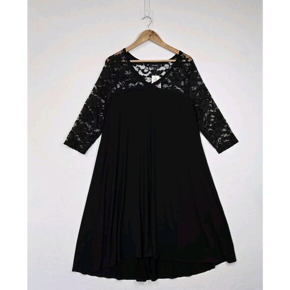 Karen Kane Swing Midi Dress 2X Black Knit Lace Yoke Long Sleeve Whimsigoth Boho - Picture 2 of 15